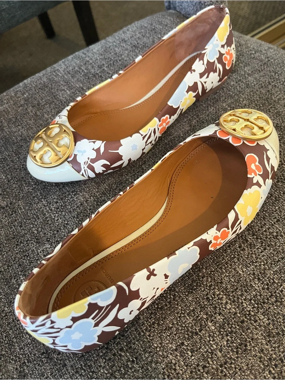 Tory Burch Brown Multi Floral Logo Ballet Flats